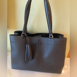 Tory Burch Mc Graw 15” Leather Tote in Black Pebble